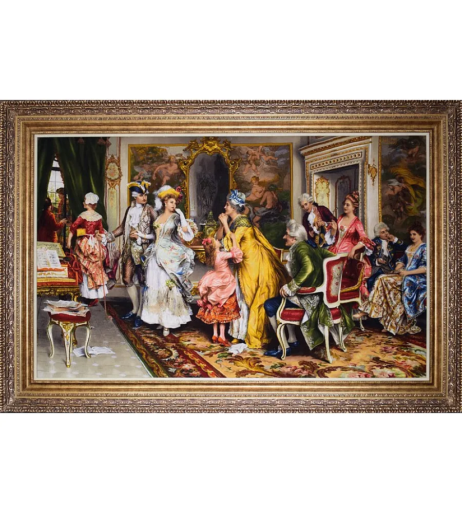 تابلو فرش دستباف تبریز طرح بدرقه عروس فرانسوی رنگ های گرم و بافت نفیس مناسب دکوراسیون داخلی لوکس