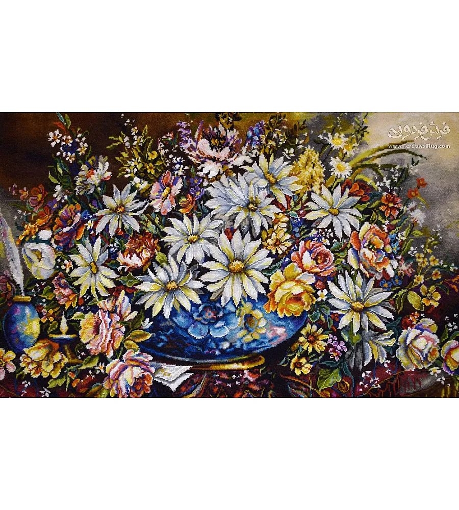 Handwoven wall carpet with royal flower basket design, Tabriz style, elegant decor piece for living rooms or luxury interiors