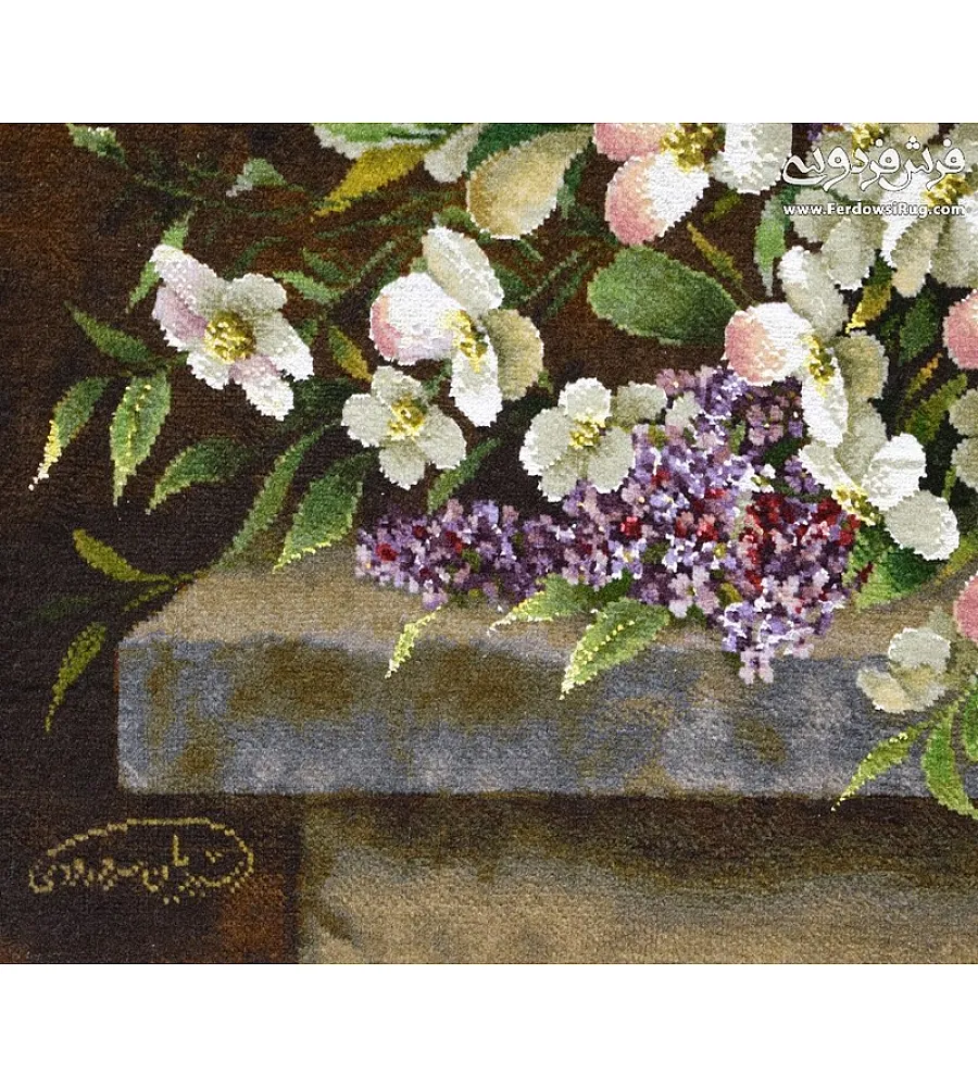 تابلو فرش دستباف طرح دسته گل یاسمن بافت تبریز مناسب دکوراسیون منزل با رنگ های زیبا و ظریف کاری هنری