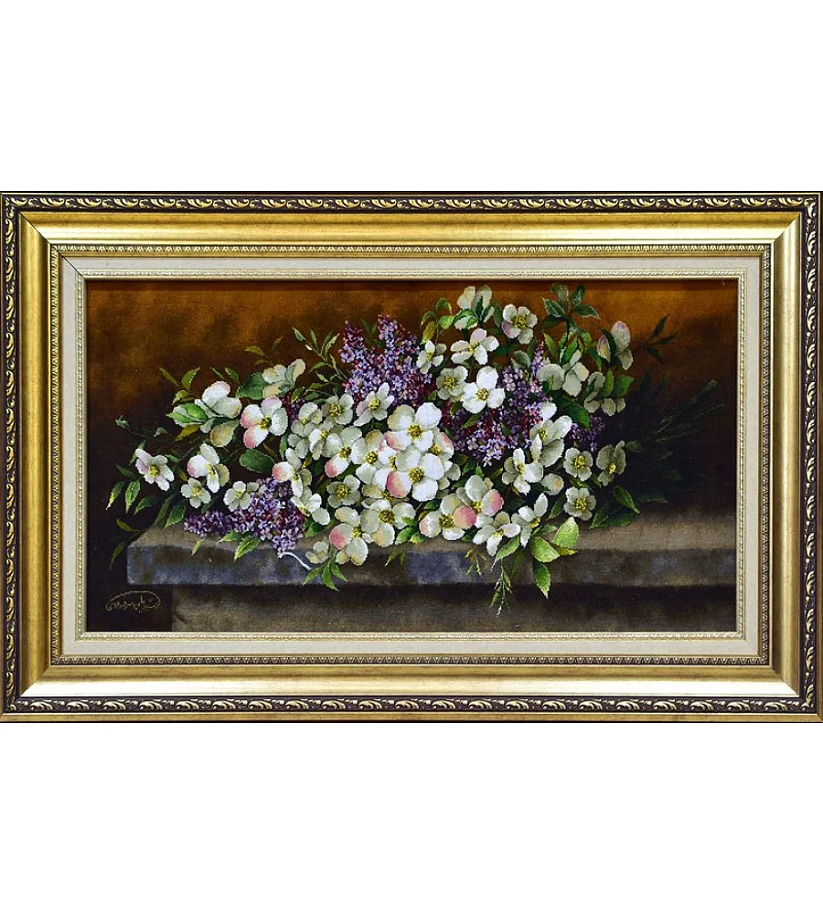 تابلو فرش دستباف طرح دسته گل یاسمن بافت تبریز مناسب دکوراسیون منزل با رنگ های زیبا و ظریف کاری هنری