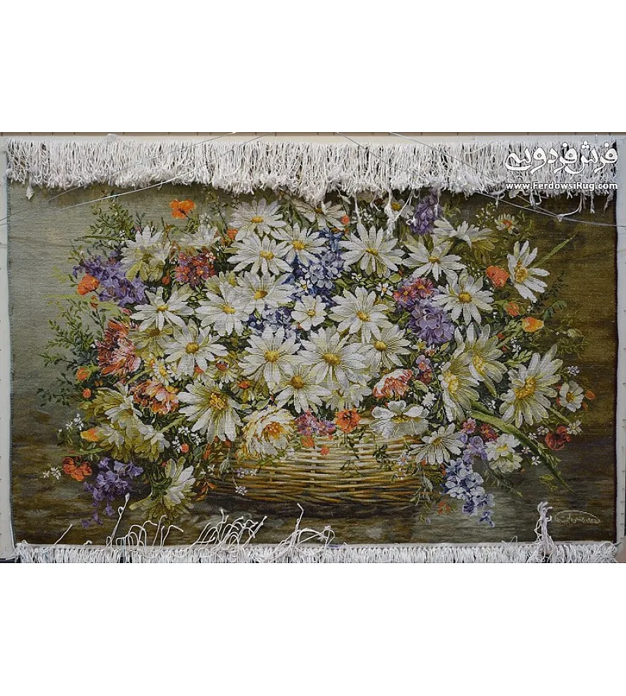 تابلو فرش دستباف طرح سبد گل بافت تبریز با رنگ های متنوع و کیفیت بالا مناسب دکوراسیون داخلی