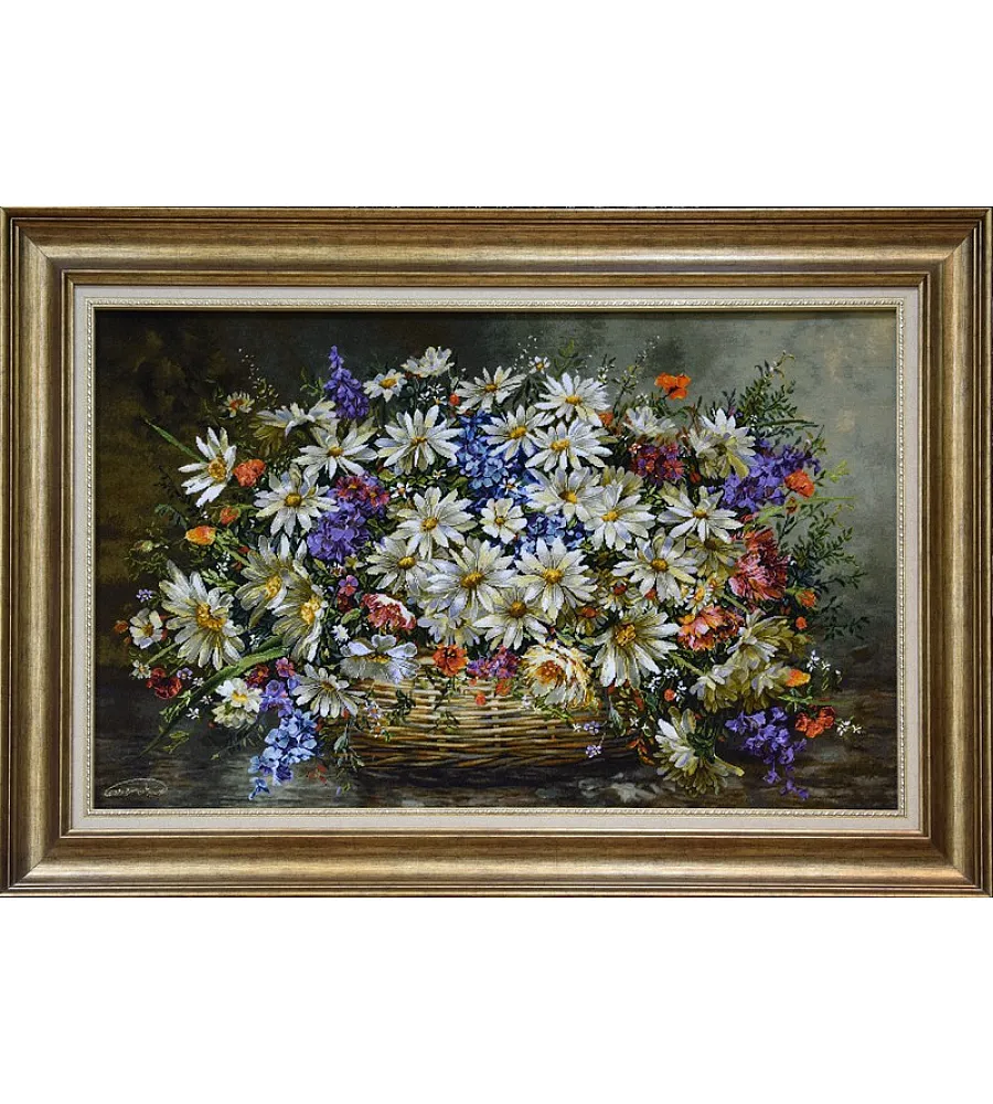 تابلو فرش دستباف طرح سبد گل بافت تبریز با رنگ های متنوع و کیفیت بالا مناسب دکوراسیون داخلی