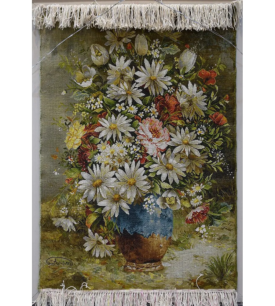 Tabriz handmade wall rug with Chamomile pot intricate design vibrant colors traditional Persian craftsmanship