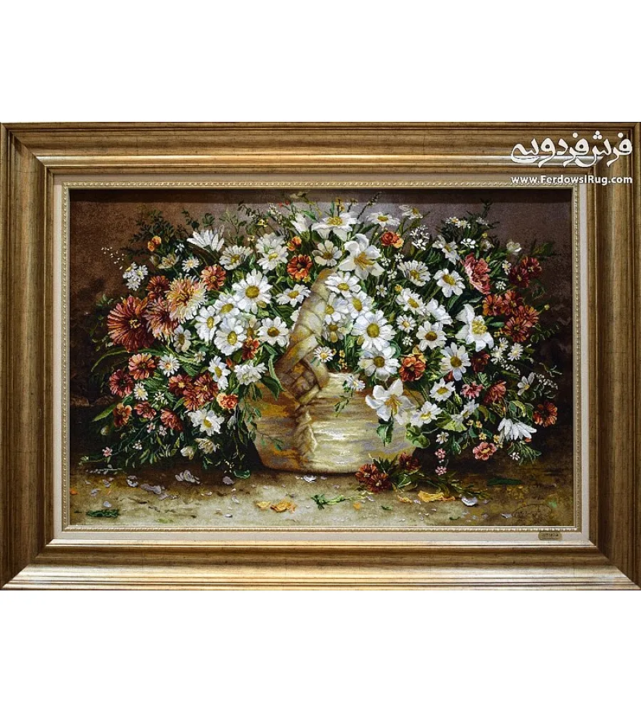 تابلو فرش دستباف تبریز طرح سبد گل رنگارنگ کیفیت بالا مناسب دکوراسیون پذیرایی و هدیه خاص