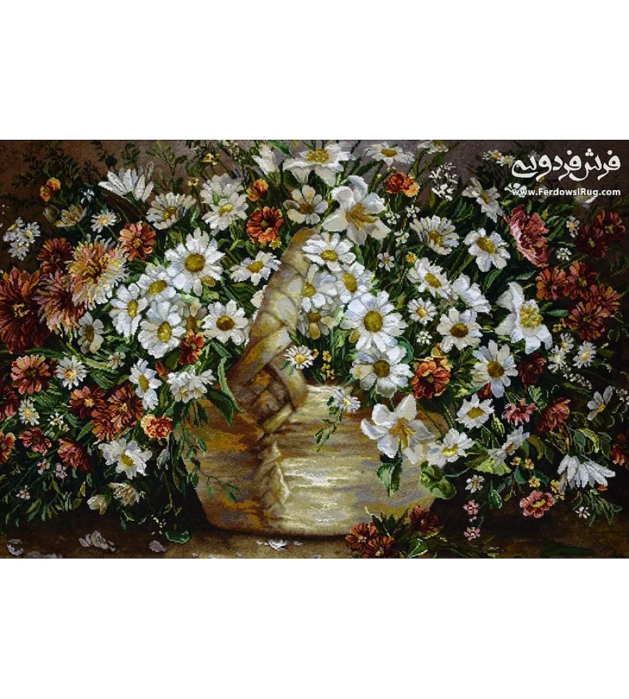 تابلو فرش دستباف تبریز طرح سبد گل رنگارنگ کیفیت بالا مناسب دکوراسیون پذیرایی و هدیه خاص
