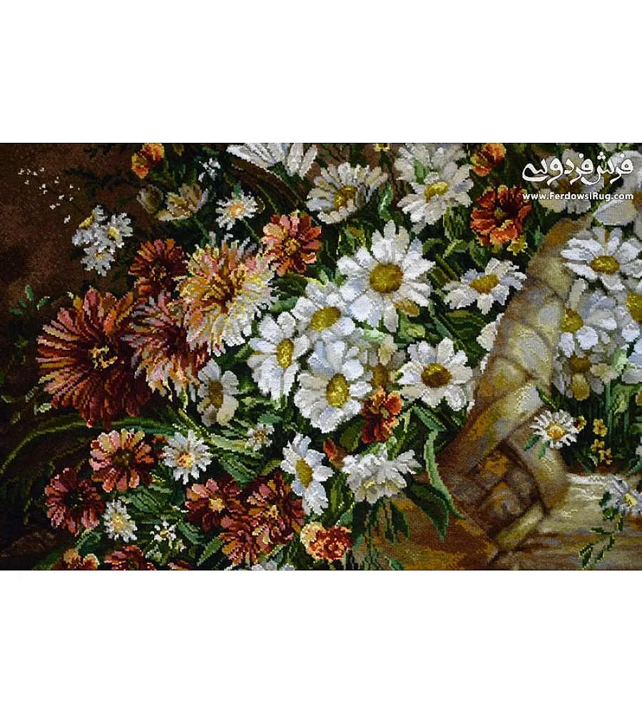 تابلو فرش دستباف تبریز طرح سبد گل رنگارنگ کیفیت بالا مناسب دکوراسیون پذیرایی و هدیه خاص