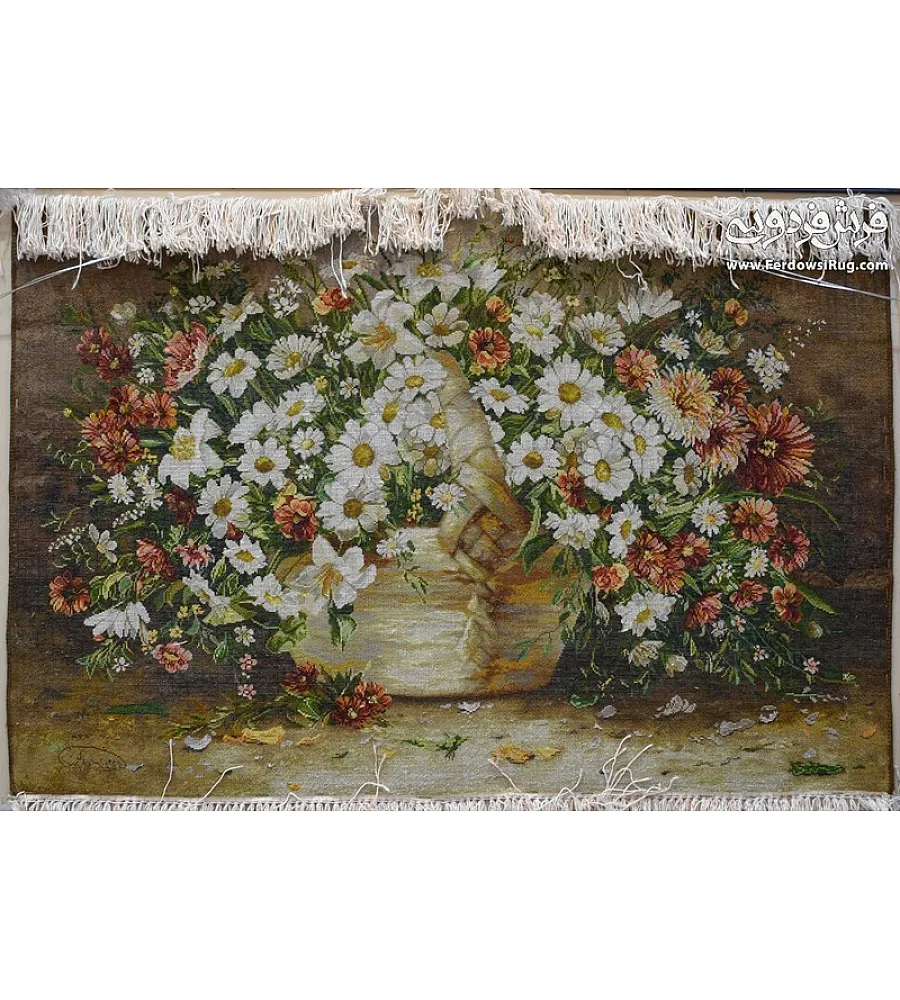 تابلو فرش دستباف تبریز طرح سبد گل رنگارنگ کیفیت بالا مناسب دکوراسیون پذیرایی و هدیه خاص