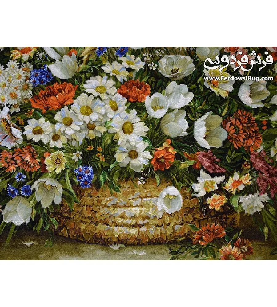 تابلو فرش دستباف تبریز طرح سبدگل بابونه رنگارنگ بافته شده از نخ مرغوب مناسب دکوراسیون منزل