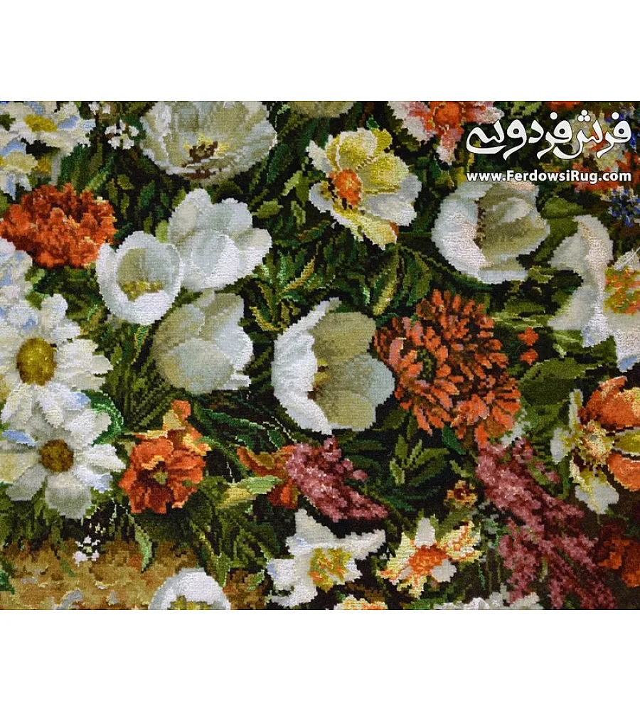 تابلو فرش دستباف تبریز طرح سبدگل بابونه رنگارنگ بافته شده از نخ مرغوب مناسب دکوراسیون منزل
