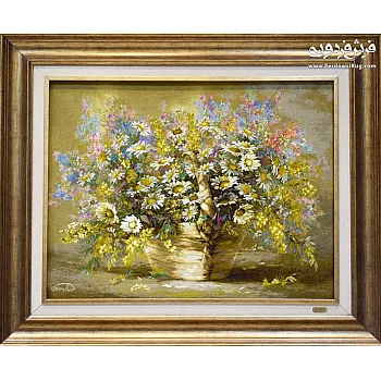 تابلو فرش دستباف طرح سبد گل طلایی بافت تبریز