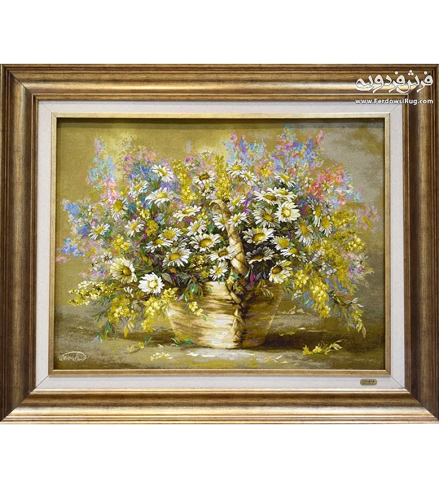تابلو فرش دستباف طرح سبد گل طلایی بافت تبریز مناسب دکوراسیون کلاسیک کیفیت بالا رنگهای زنده و دوام عالی