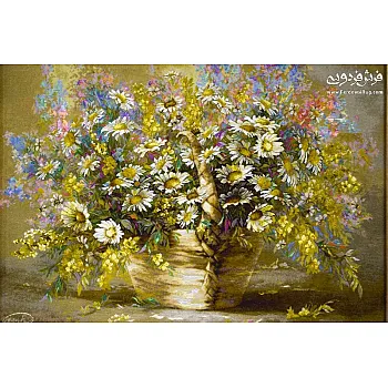 تابلو فرش دستباف طرح سبد گل طلایی بافت تبریز