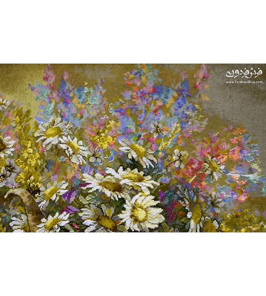 تابلو فرش دستباف طرح سبد گل طلایی بافت تبریز مناسب دکوراسیون کلاسیک کیفیت بالا رنگهای زنده و دوام عالی