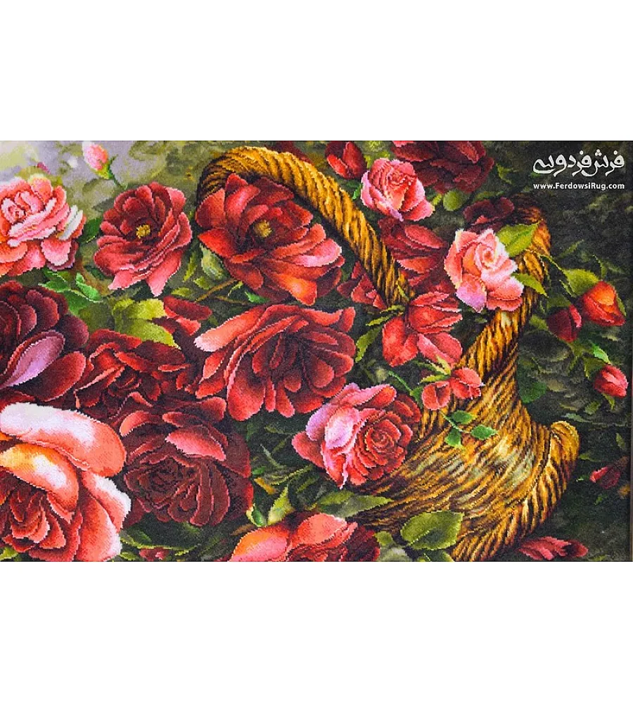 تابلو فرش دستباف تبریز طرح سبد گل رز قرمز مصنوعی طرح زیبا زینتی مناسب دکوراسیون داخلی شیک و خاص