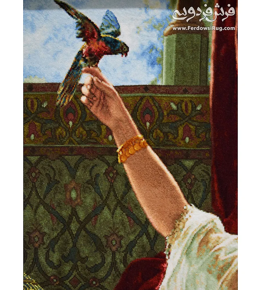 تابلو فرش دستباف تبریز با طرح دختر شرقی، رنگ های گرم و طبیعی، مناسب دکوراسیون کلاسیک و هدیه ای خاص