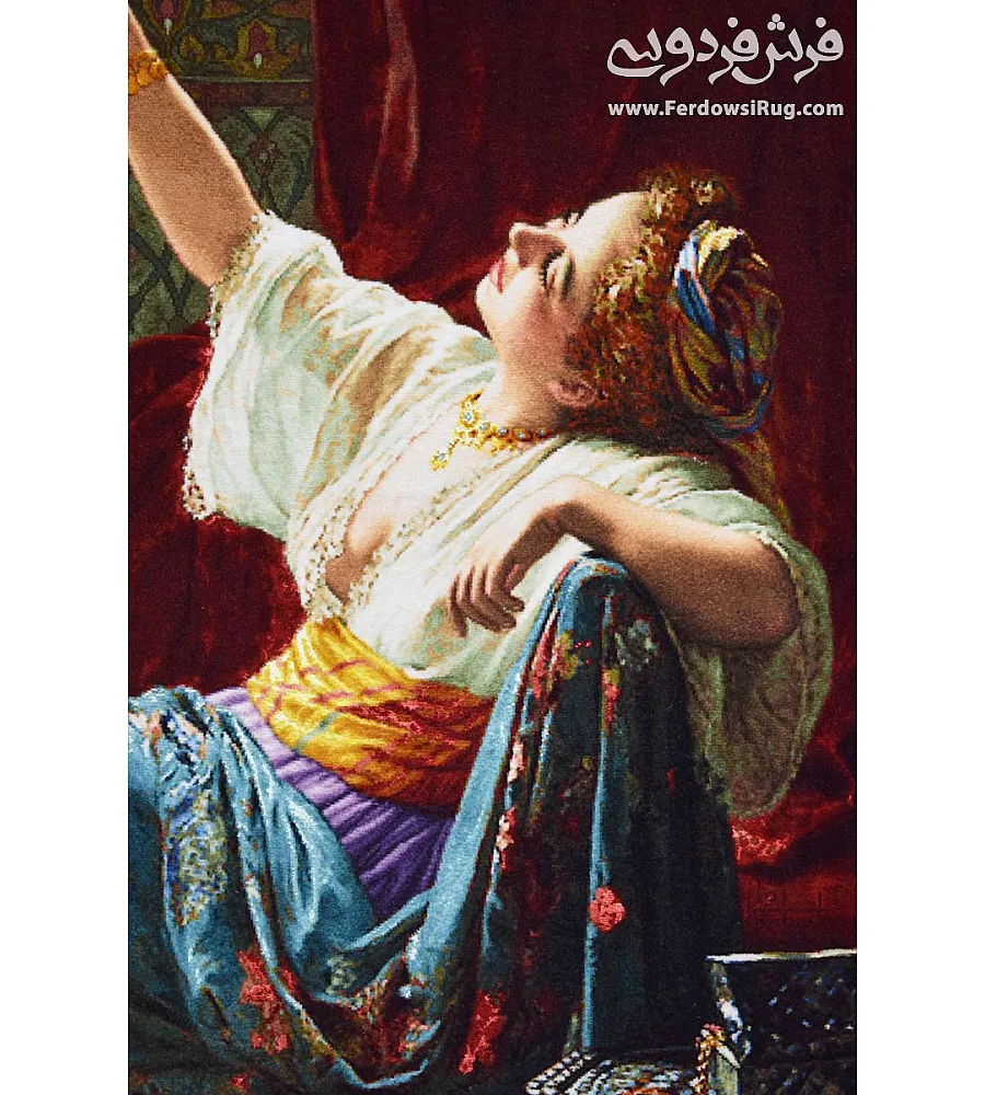 تابلو فرش دستباف تبریز با طرح دختر شرقی، رنگ های گرم و طبیعی، مناسب دکوراسیون کلاسیک و هدیه ای خاص