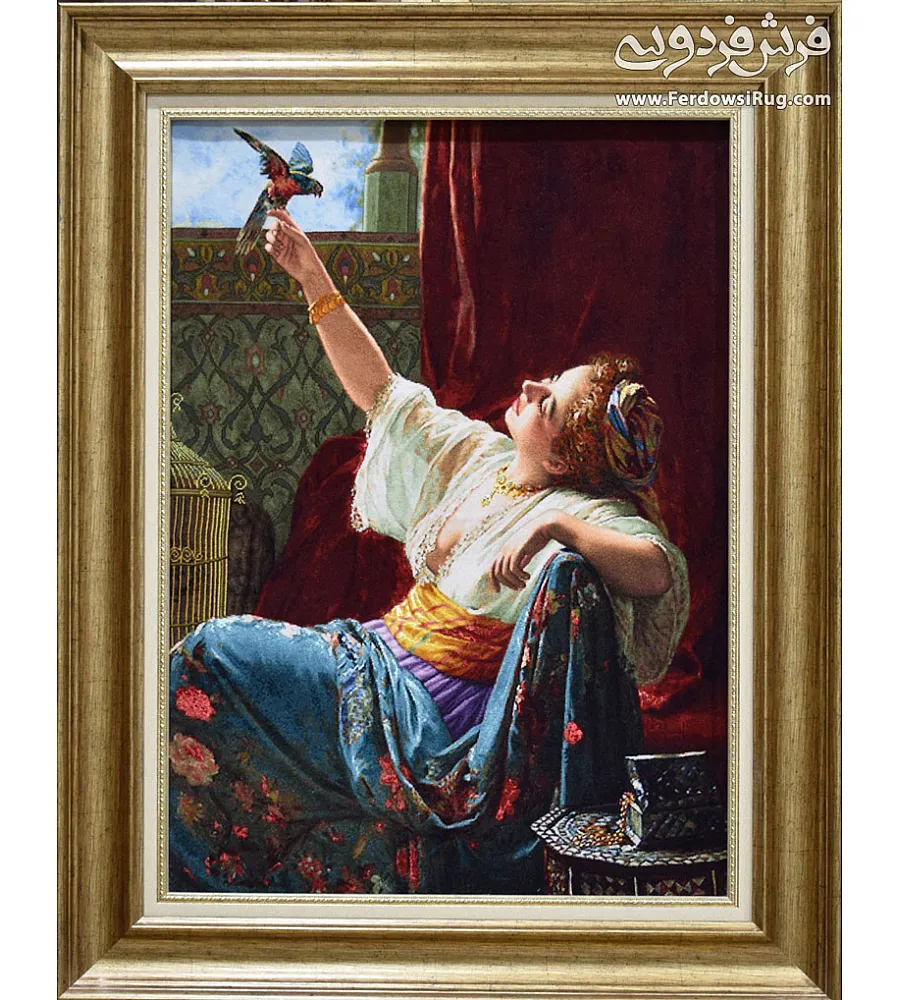 تابلو فرش دستباف تبریز با طرح دختر شرقی، رنگ های گرم و طبیعی، مناسب دکوراسیون کلاسیک و هدیه ای خاص