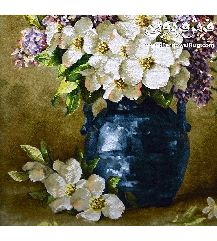 تابلو فرش دستباف طرح گل و گلدان شکوفه رنگارنگ بافت تبریز مناسب دکوراسیون داخلی منزل