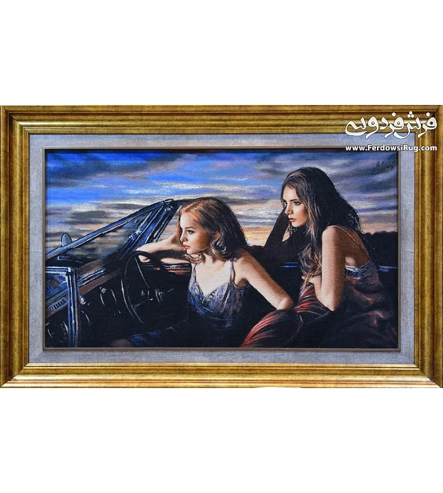 تابلو فرش دستباف طرح پرتره دو خواهر بافت تبریز مناسب دکوراسیون داخلی با رنگ های طبیعی و کیفیت بالا