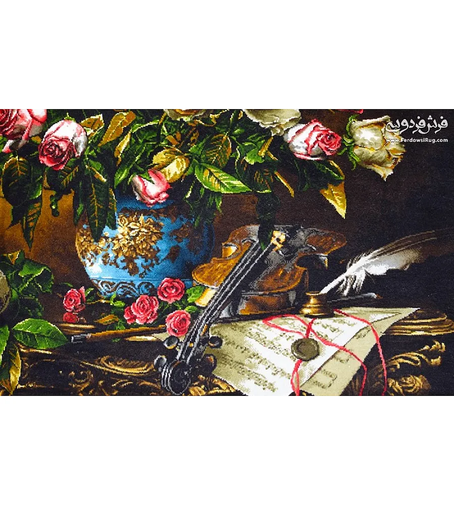 تابلو فرش دستباف تبریز طرح گل و ویالون رنگ های زنده مناسب دکوراسیون لوکس و هدیه ای خاص