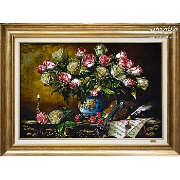 تابلو فرش دستباف طرح گلدان رز و ویولن بافت تبریز 