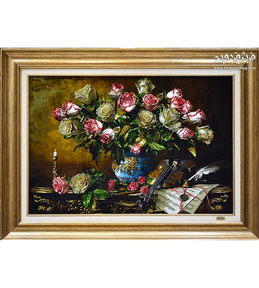 تابلو فرش دستباف تبریز طرح گل و ویالون رنگ های زنده مناسب دکوراسیون لوکس و هدیه ای خاص
