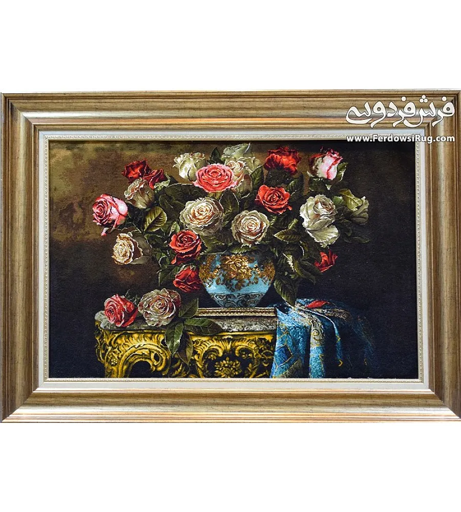 تابلو فرش دستباف طرح گلدان رز بافت تبریز 