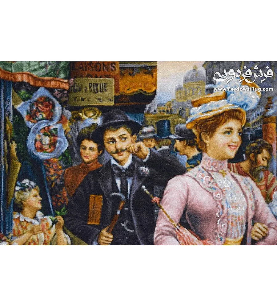 تابلو فرش دستباف تبریز طرح بازار شانزلیزه رنگ طبیعی ابریشم کیفیت بالا هنر ایرانی تزیین دکوراسیون منزل