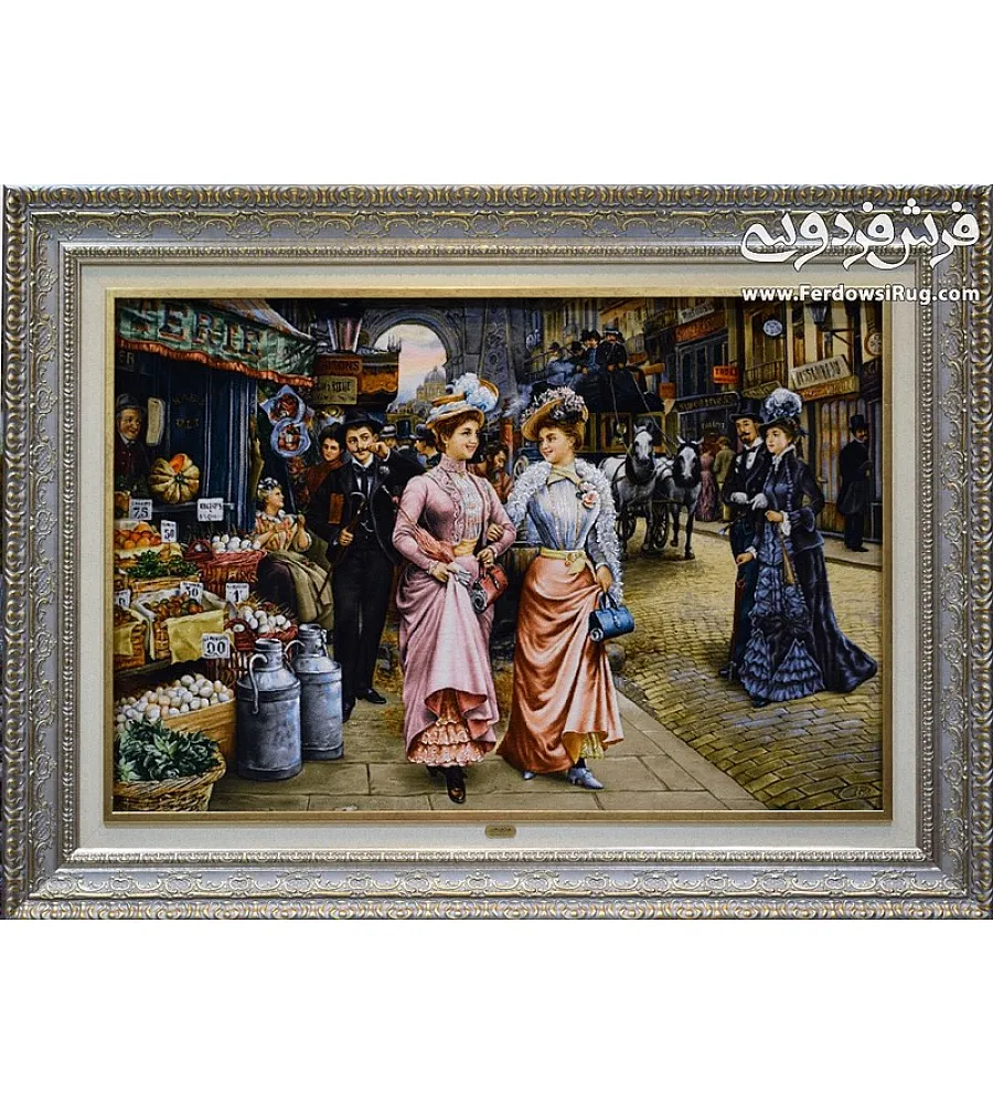 تابلو فرش دستباف تبریز طرح بازار شانزلیزه رنگ طبیعی ابریشم کیفیت بالا هنر ایرانی تزیین دکوراسیون منزل