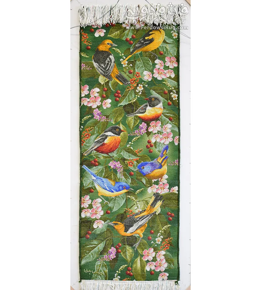 Handmade Tabriz wall rug featuring a vibrant king parrot design, perfect for enhancing home decor.