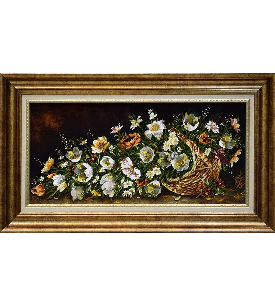 تابلو فرش دستباف تبریز با طرح سبد گل لاله و بابونه رنگارنگ مناسب دکوراسیون داخلی منزل