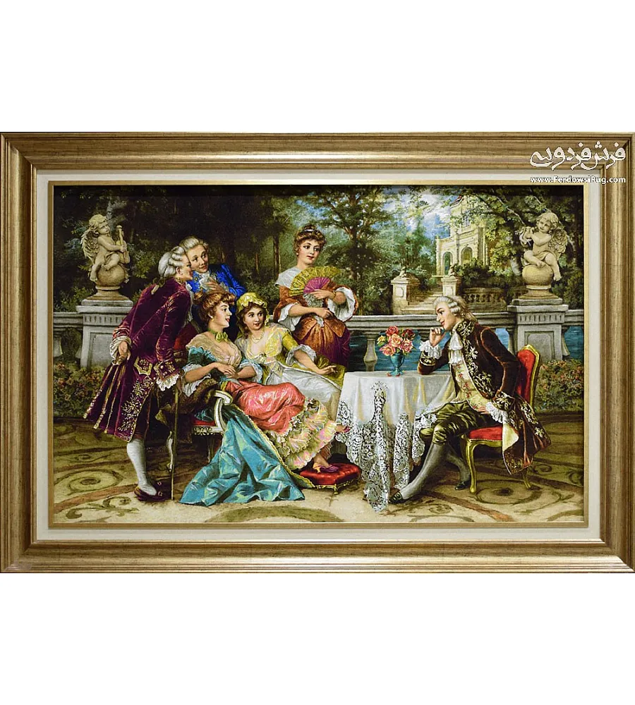 Alt text: Tabriz handmade large wall rug featuring an intricate French party design, perfect for elegant home decor.