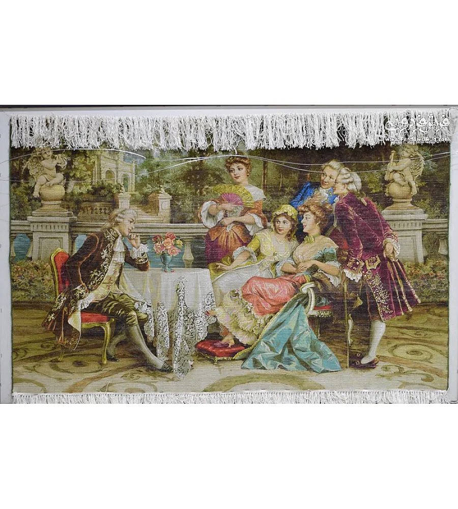 Alt text: Tabriz handmade large wall rug featuring an intricate French party design, perfect for elegant home decor.