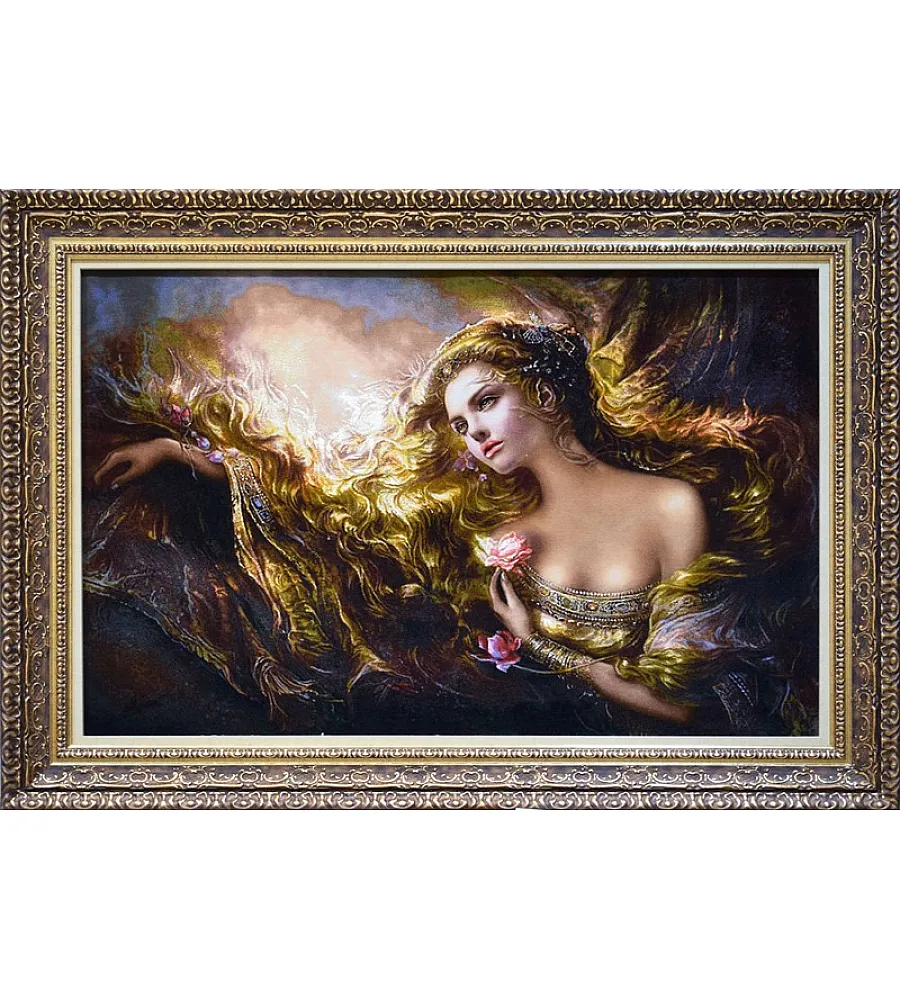 تابلو فرش دستباف طرح دختر رویا بافت تبریز رنگ های زنده و کیفیت عالی مناسب دکوراسیون منزل یا هدیه