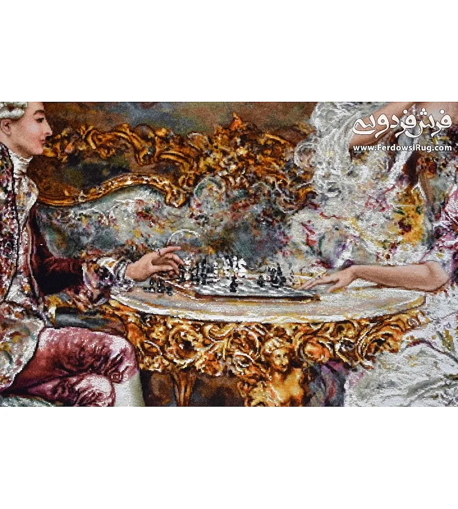 تابلوفرش دستباف طرح شطرنج باز بافت تبریز دارای رنگ های زیبا و جزئیات دقیق برای دکوراسیون منزل لوکس