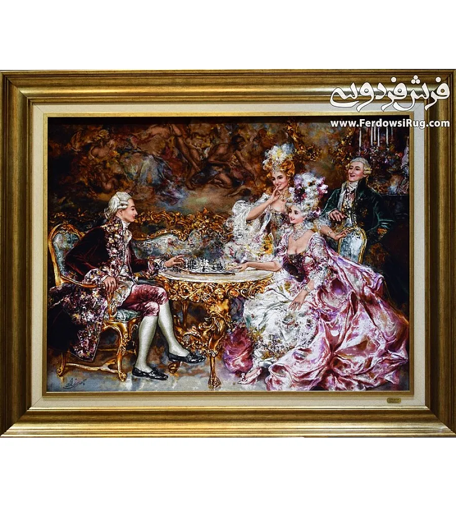 تابلوفرش دستباف طرح شطرنج باز بافت تبریز دارای رنگ های زیبا و جزئیات دقیق برای دکوراسیون منزل لوکس