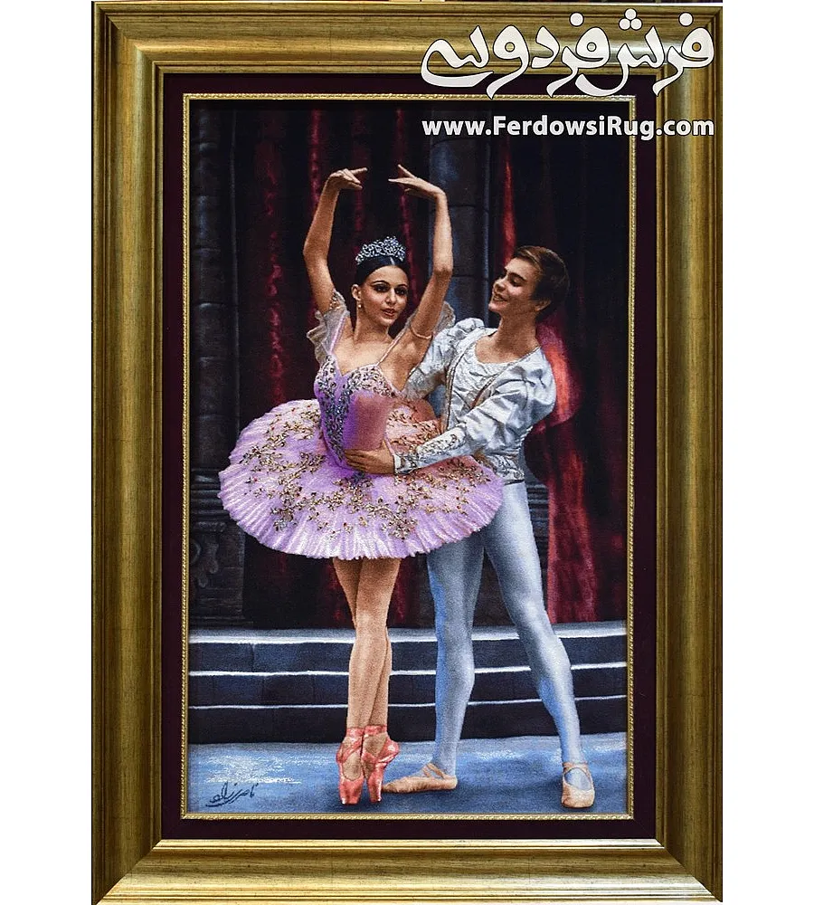 Handwoven wall carpet featuring a ballet duo dance design, crafted in Tabriz style with intricate details and premium quality.