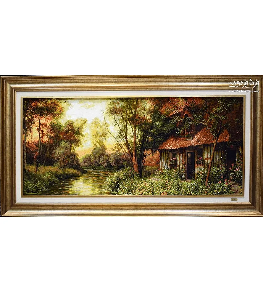 تابلو فرش دستباف منظره دهکده و رودخانه بافت تبریز مناسب دکوراسیون منزل کیفیت بالا و طراحی چشم نواز
