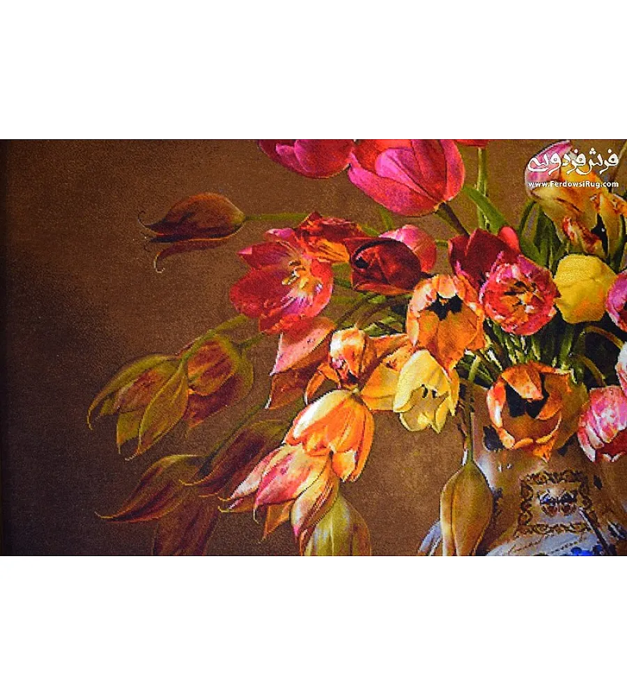 تابلو فرش دستباف طرح گل سایه بافت تبریز با رنگ های شاد و طبیعی مناسب دکوراسیون داخلی و هدیه ای خاص