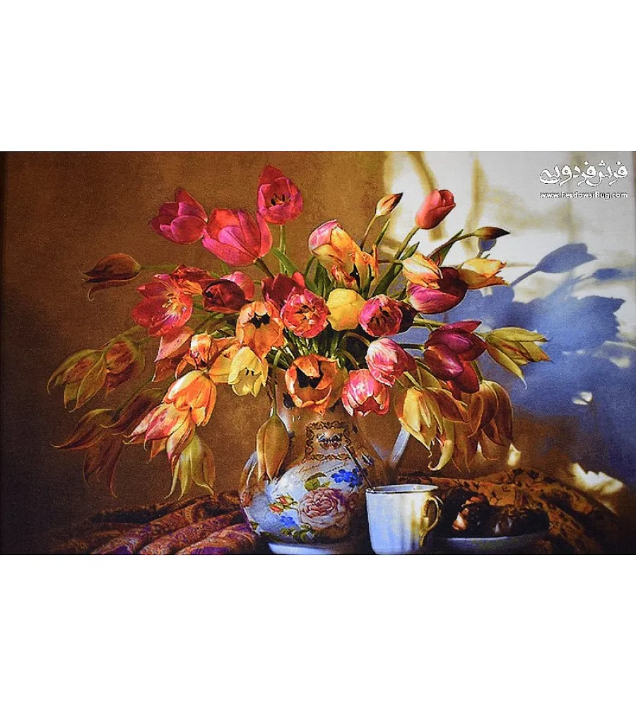 تابلو فرش دستباف طرح گل سایه بافت تبریز با رنگ های شاد و طبیعی مناسب دکوراسیون داخلی و هدیه ای خاص
