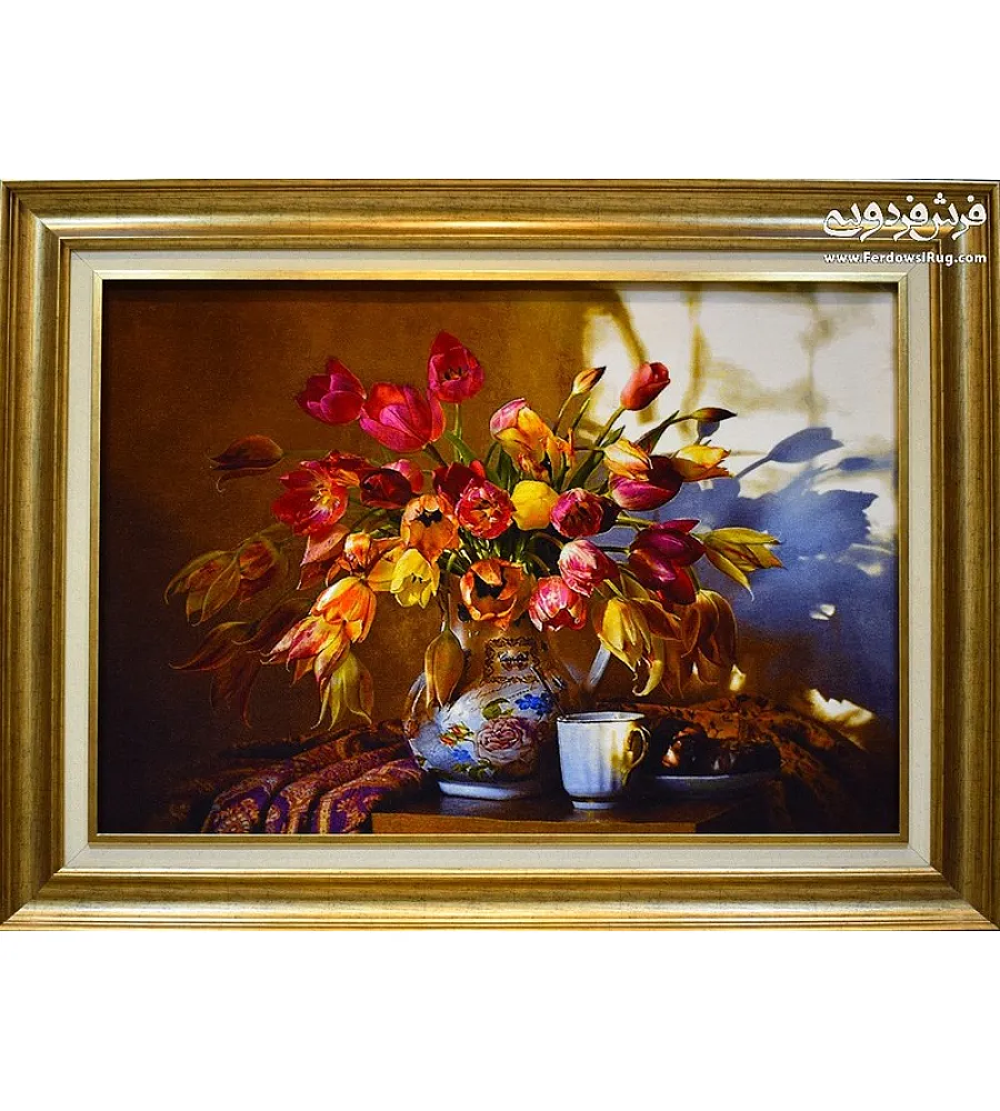 تابلو فرش دستباف طرح گل سایه بافت تبریز با رنگ های شاد و طبیعی مناسب دکوراسیون داخلی و هدیه ای خاص