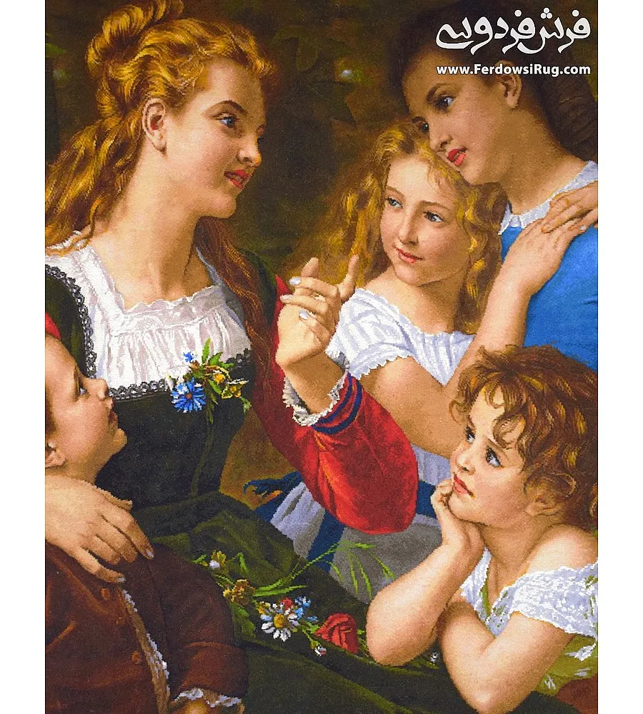 تابلو فرش دستباف طرح کانون خانواده بافت تبریز با رنگ های گرم و ظرافت بالا مناسب دکوراسیون داخلی