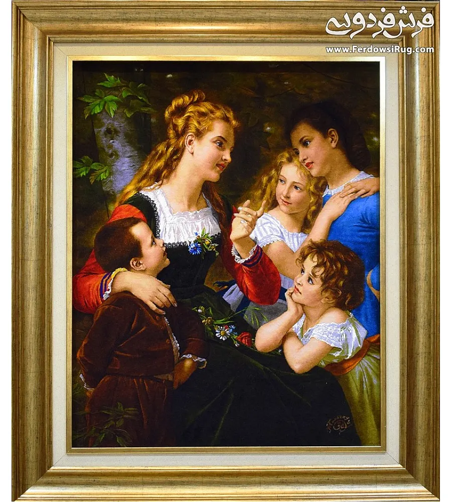 تابلو فرش دستباف طرح کانون خانواده بافت تبریز با رنگ های گرم و ظرافت بالا مناسب دکوراسیون داخلی