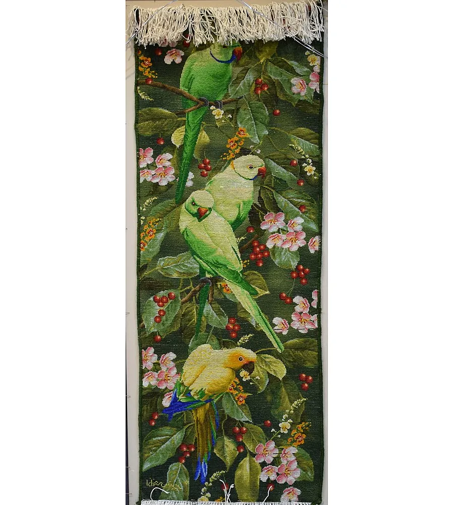 Tabriz handmade wall rug with Tall parrot garden design in vibrant colors, ideal for luxury home decor