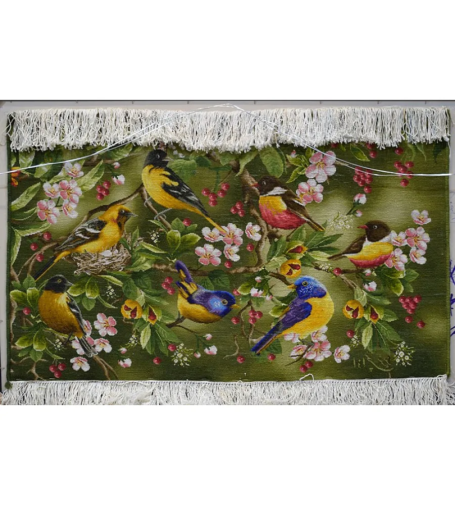 Tabriz handmade wall rug featuring an intricate Sparrow garden design, showcasing vibrant colors and premium craftsmanship.