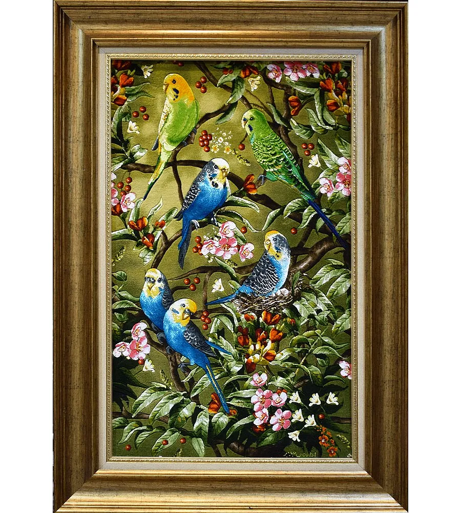 تابلو فرش دستباف مرغ عشق بافت تبریز طرح عاشقانه رنگ های زنده مناسب دکوراسیون منزل و هدیه خاص