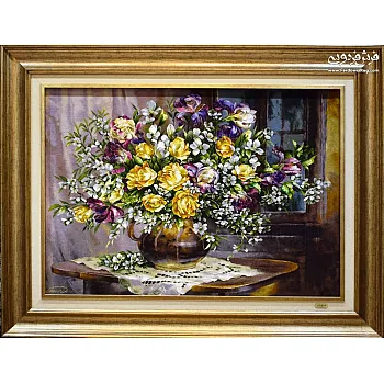 تابلو فرش دستباف طرح گلدان کنار پنجره بافت تبریز 