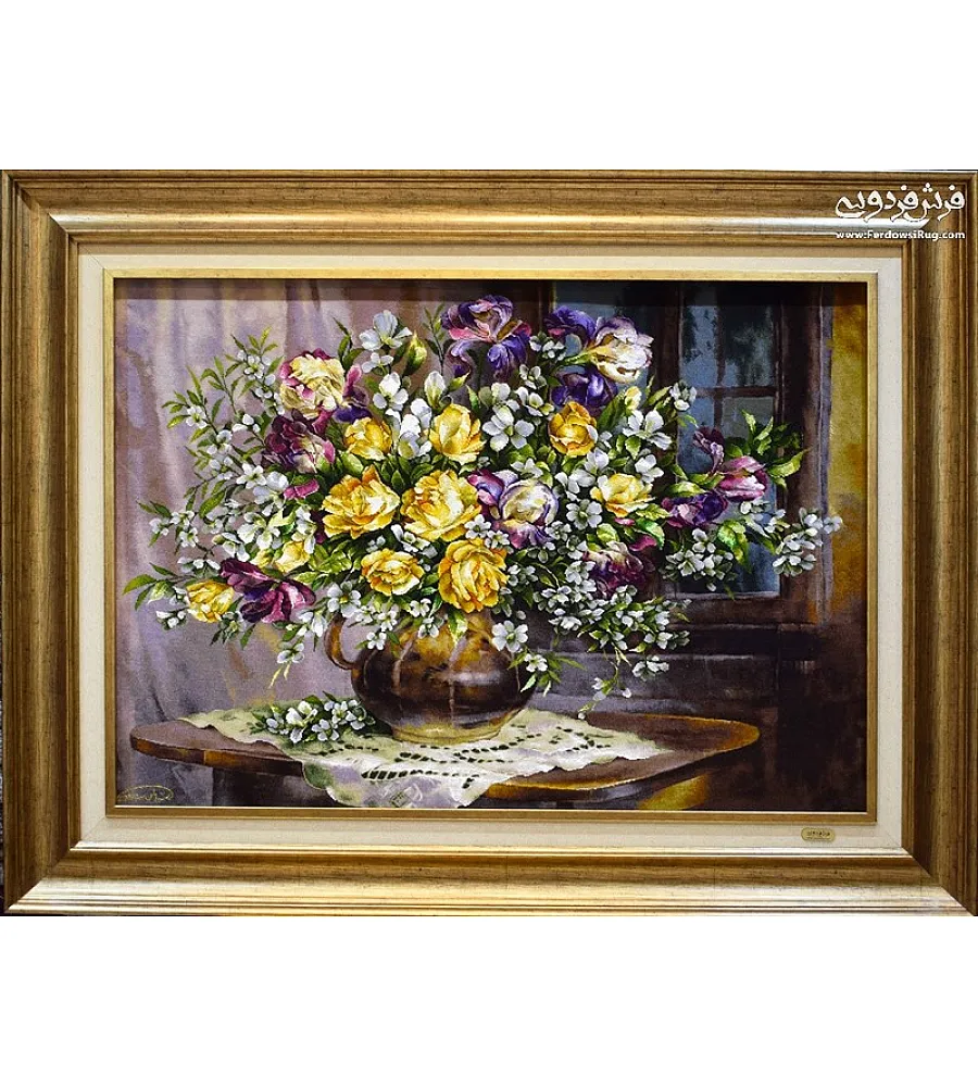 تابلو فرش دستباف طرح گلدان کنار پنجره با رنگ های زنده مناسب دکوراسیون منزل تولید تبریز