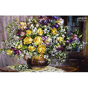 تابلو فرش دستباف طرح گلدان کنار پنجره بافت تبریز 