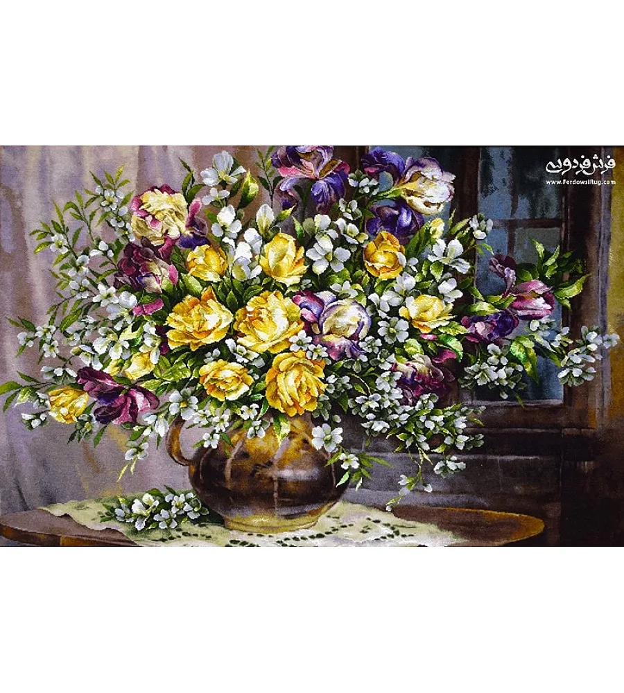 تابلو فرش دستباف طرح گلدان کنار پنجره با رنگ های زنده مناسب دکوراسیون منزل تولید تبریز